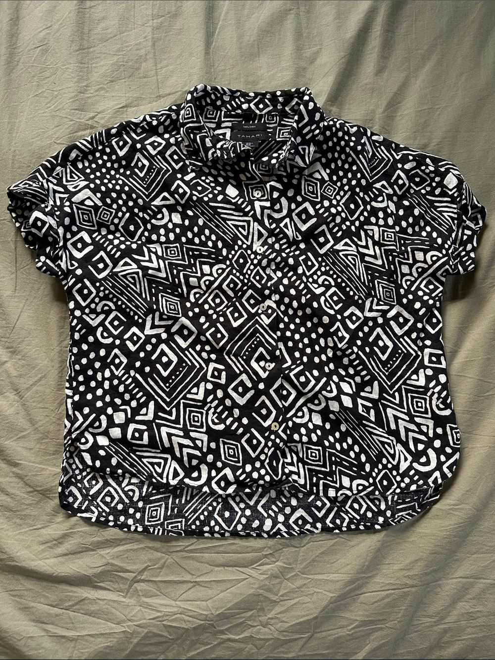 Black & White Geometric Linen Button-Up Shirt